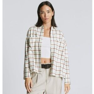 Everlane The Boxy Flannel Plaid Button Down Top in White/Brown NWT! size Small
